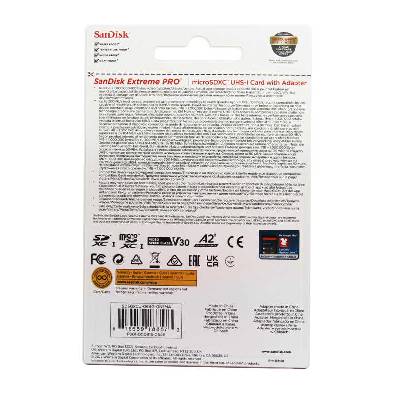 Карта памяти microSD SanDisk Extreme Pro 64GB Class10 A2 UHS-I (U3) 200 МБ/сек CN (Китай) с адаптеро