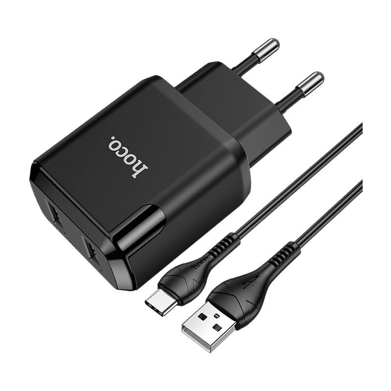 Сетевое З/У HOCO N7 2USB 2.1A с кабелем microUSB черный (1/20/120)