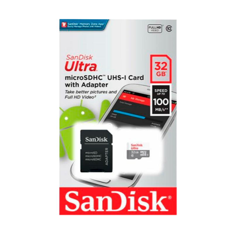 Карта памяти microSD SanDisk Ultra Light 32GB Class10 UHS-I (U1) 100 МБ/сек с адаптером (1/100)