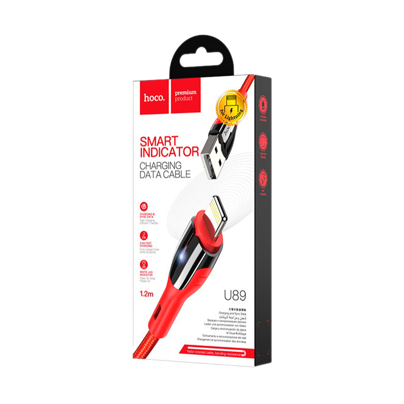 Кабель HOCO U89 USB (m)-Lightning (m) 1.2м 2.4A ткань красный (1/22/220)