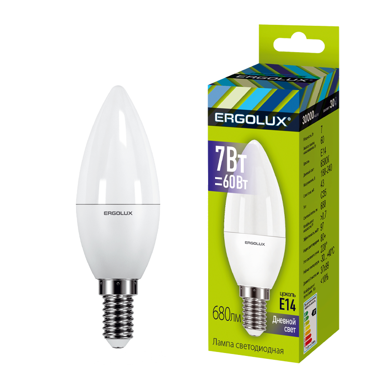 Лампа светодиодная Ergolux C35 E14 7W 6500К 172-265V свеча (1/10/100)