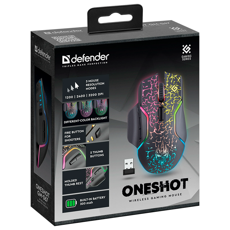 Беспроводная игровая мышь Oneshot GM-067 черный,LED,7D,300 мАч, 3200dpi DEFENDER