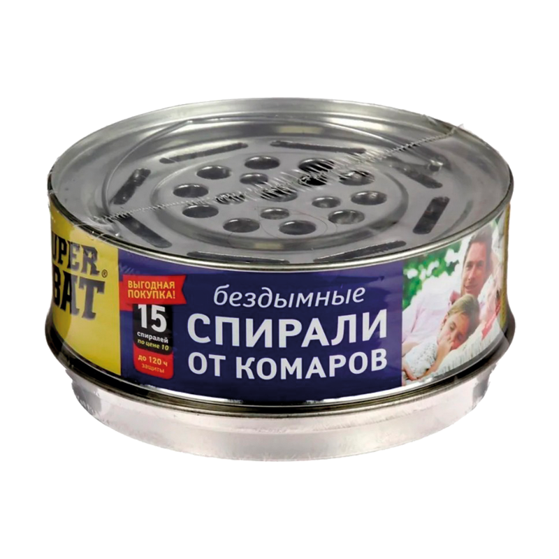 Спирали SuperBAT от комаров бездымные 15шт. черный в металической банке (1/24)