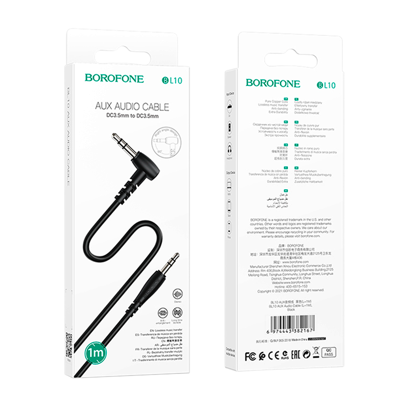 Кабель AUX Borofone BL10 Jack 3.5mm (m)-Jack 3.5mm (m) 1.0м ПВХ черный (1/63/252)