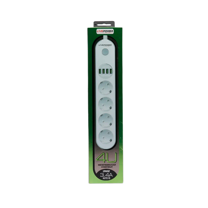Сетевой фильтр Live Power LP4432 4р.С/З 10A 4USB с выкл. 2.0м белый (1/50)