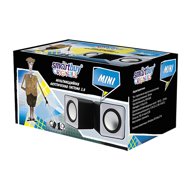 Колонки 2.0 Smartbuy MINI 4W USB+Jack 3.5мм серый (1/80)