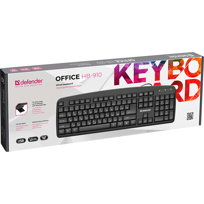 Клавиатура проводная Defender HB-910 Office классическая USB 1.5м черный (1/20)