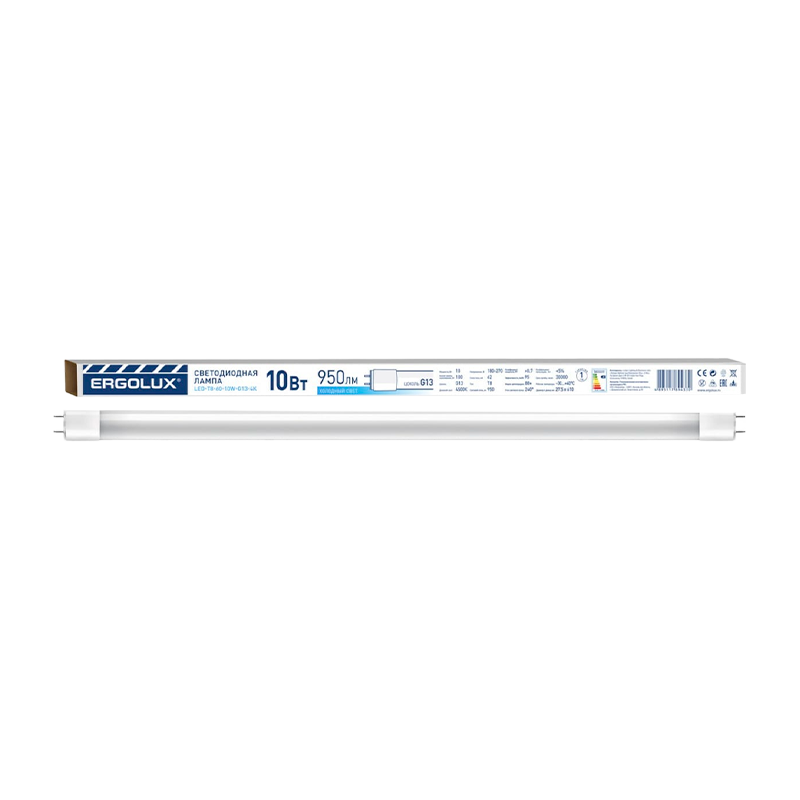 Лампа светодиодная Ergolux Т8 G13 10W 4500К 170-265V трубка белый (1/25)
