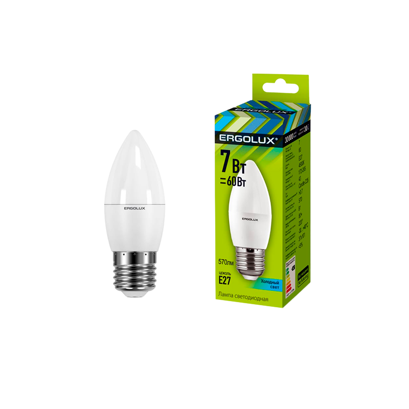 Лампа светодиодная Ergolux C35 E27 7W 4500К 180-240V свеча (1/10/100)