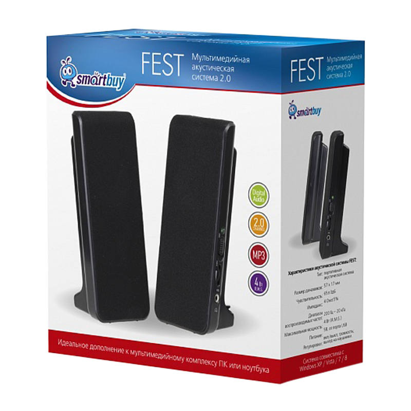 Колонки 2.0 Smartbuy FEST 4W USB+Jack 3.5мм черный (1/40)
