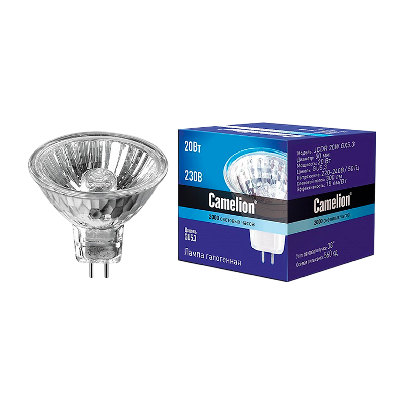 Лампа галогенная Camelion MR16 GU5.3 20W 2800К 220-240V софит 50мм прозрачная (1/10/200)