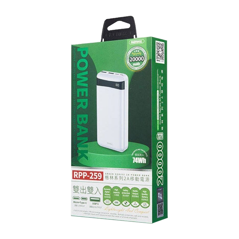 Внешний аккумулятор Remax RPP-259 20000mAh 2.0A 2USB/Type-C белый (1/36)