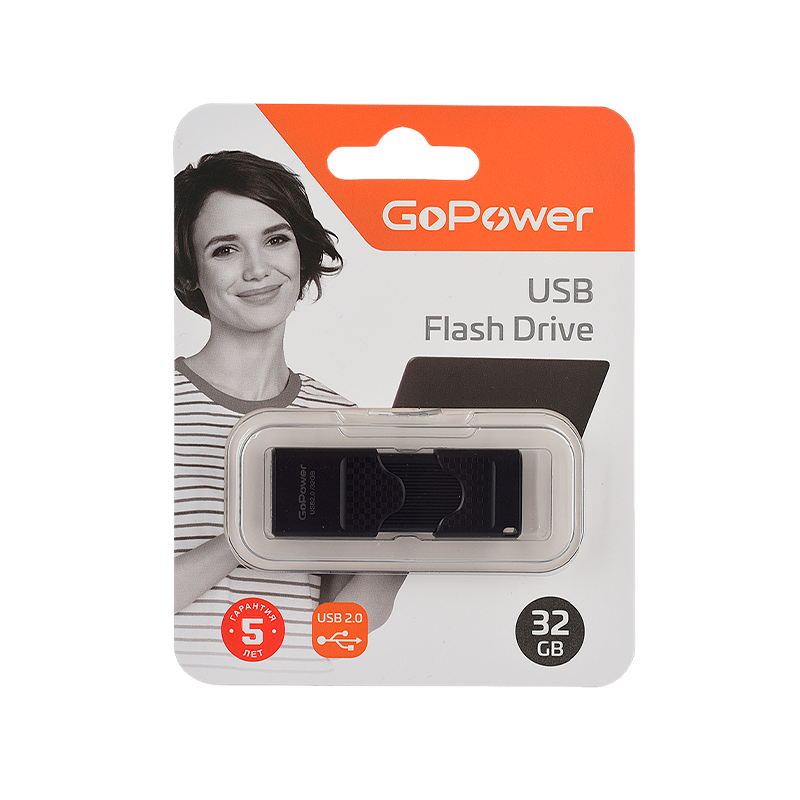 Флеш-накопитель GoPower SLIDER 32GB USB2.0 пластик черный матовый (1/50/1000)