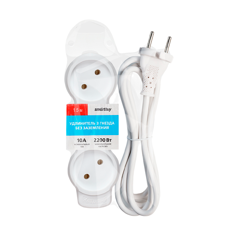 Удлинитель Smartbuy NEW 3р.Б/З 10A 1.5м ПВС 2x1мм² белый (1/40)
