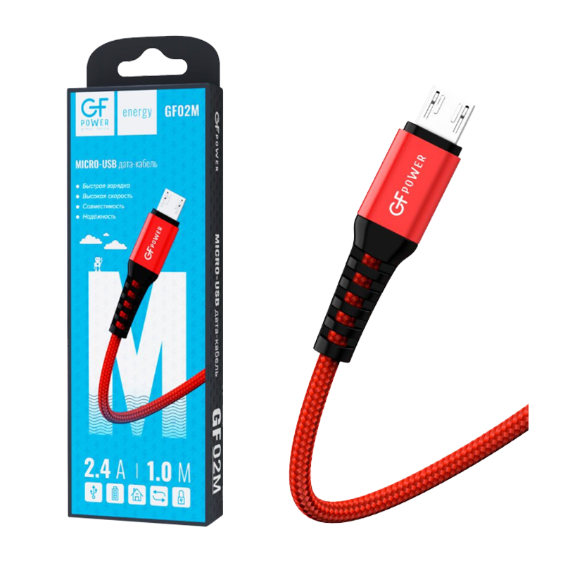 Кабель GFPower 02M USB (m)-microUSB (m) 1.0м 2.4A нейлон красный (1/200/800)