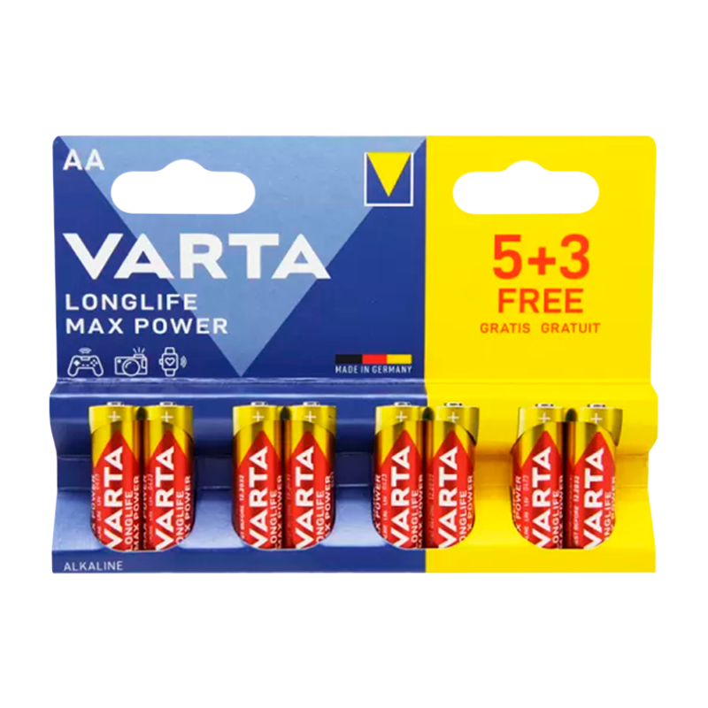 Батарейка Varta LONGLIFE MAX POWER (MAX TECH) LR6 AA BL5+3 Alkaline 1.5V (4706) (8/160)