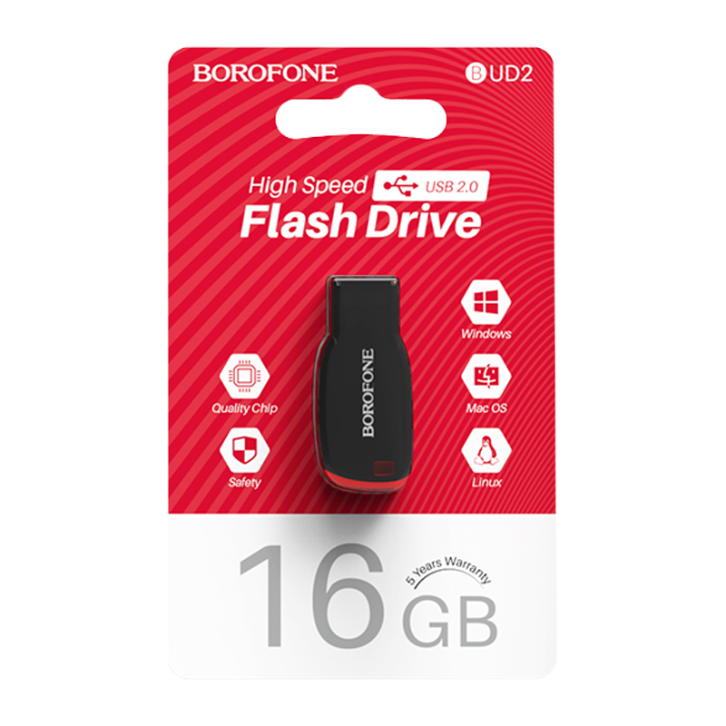 Флеш-накопитель Borofone Generous BUD2 16GB USB2.0 пластик черный (1/35/280)
