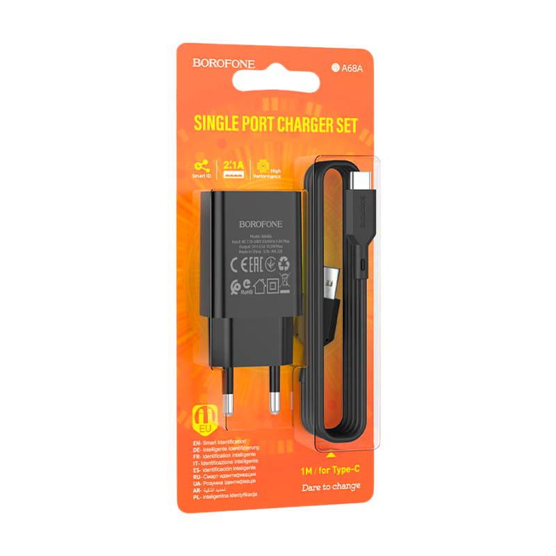 Сетевое З/У Borofone BA68A 1USB Type-C (m) 2.1A черный (1/60/240)