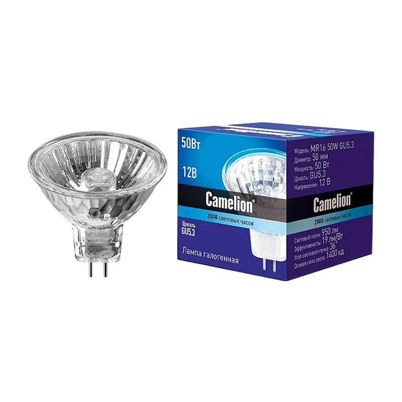 Лампа галогенная Camelion MR16 GU5.3 50W 2800К 12V софит 50мм прозрачная (1/10/200)