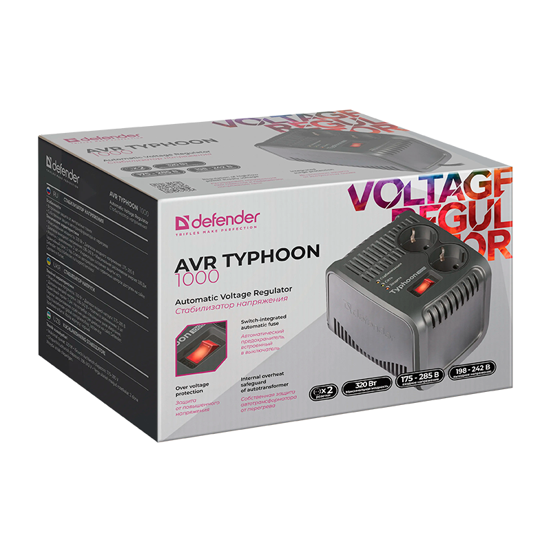 Стабилизатор напряжения AVR Typhoon 1000 320 Вт, 2 розетки DEFENDER&nbsp;&nbsp;&nbsp;&nbsp; # 99033 (1/4)