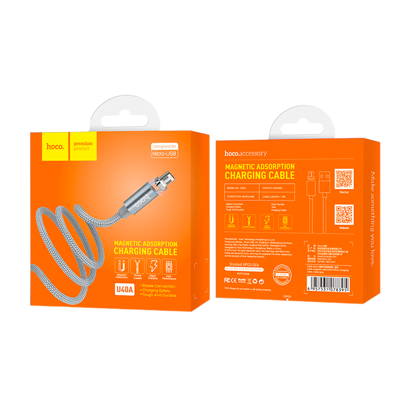 Кабель HOCO U40A USB (m)-microUSB (m) 1.0м 2.0A нейлон магнит серый (1/28/168)