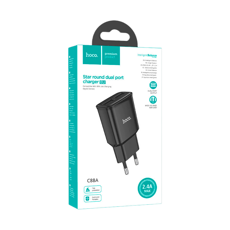 Сетевое З/У HOCO C88A 2USB 2.4A черный (1/12/120)