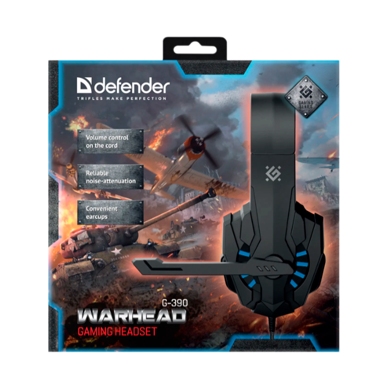 Наушники полноразмерные Defender G-390 Warhead с микр. игровые черный синий (1/20)