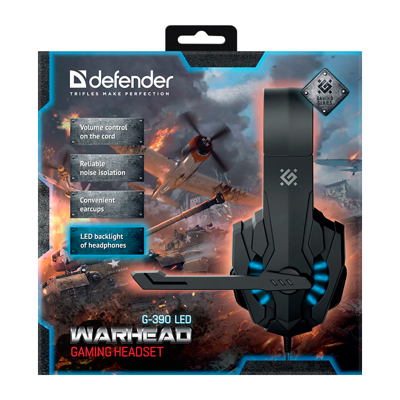 Наушники полноразмерные Defender G-390 Warhead с микр. игровые LED черный синий (1/20)