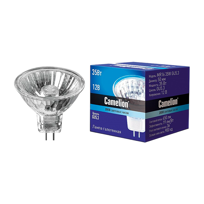 Лампа галогенная Camelion MR16 GU5.3 35W 2800К 12V софит 50мм прозрачная (1/10/200)