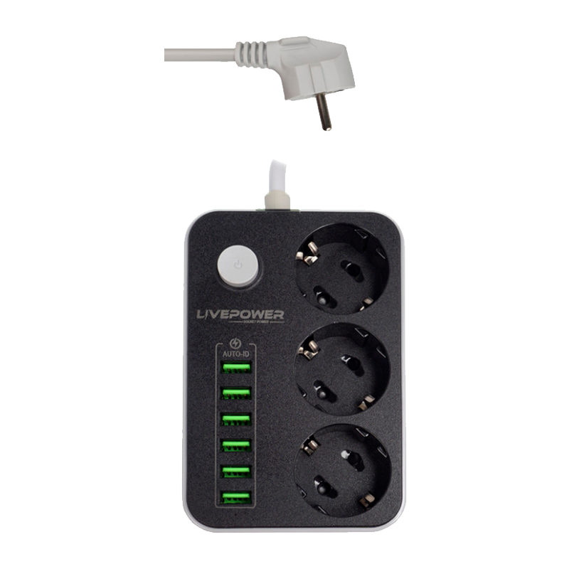 Сетевой фильтр Live Power LP3631 3р.С/З 10A 6USB с выкл. 2.0м черный (1/50)