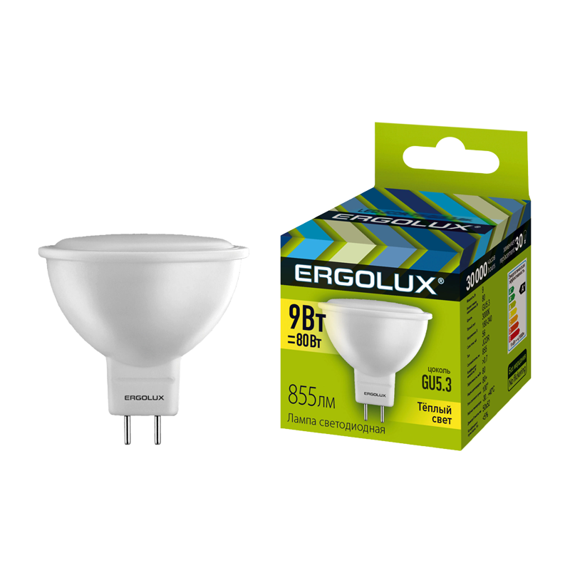 Лампа светодиодная Ergolux JCDR GU5.3 9W 3000К 172-265V софит (1/10/100)