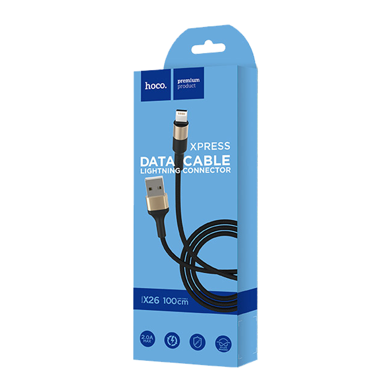 Кабель HOCO X26 USB (m)-Lightning (m) 1.0м 2.0A нейлон черный золотой (1/30/300)