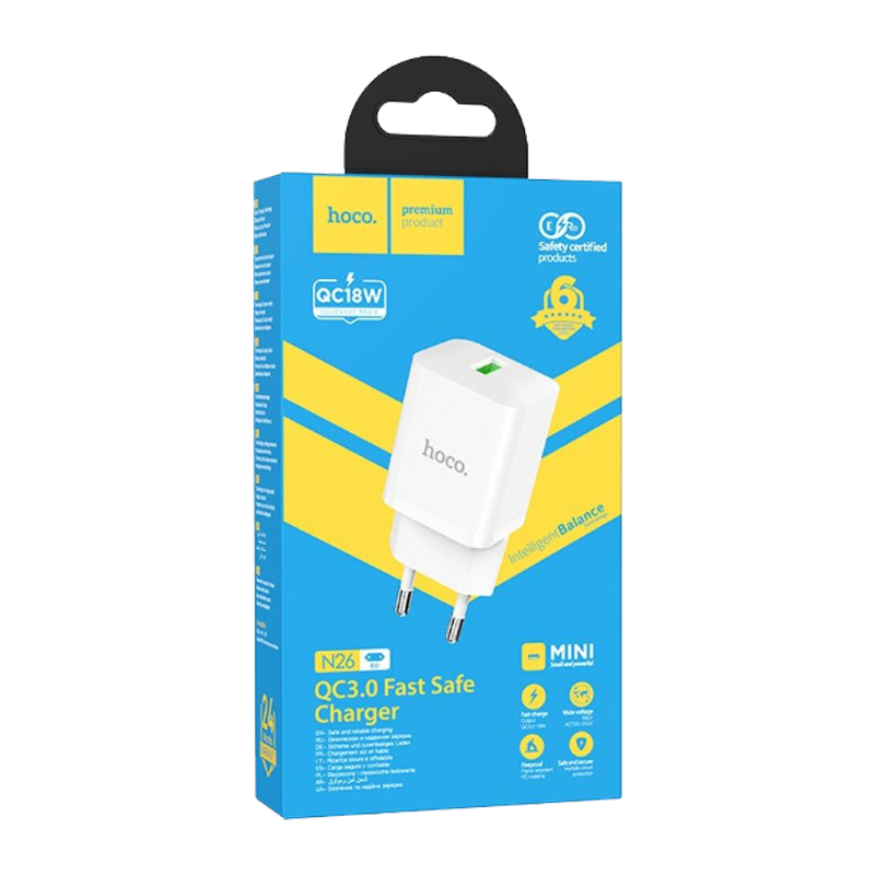 Сетевое З/У HOCO N26 1USB 18W QC3.0 белый (1/13/130)