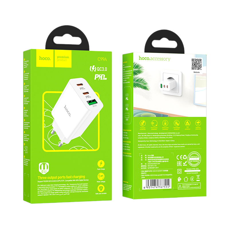 Сетевое З/У HOCO C99A 1USB/2Type-C 3.0A 20W белый (1/13/130)