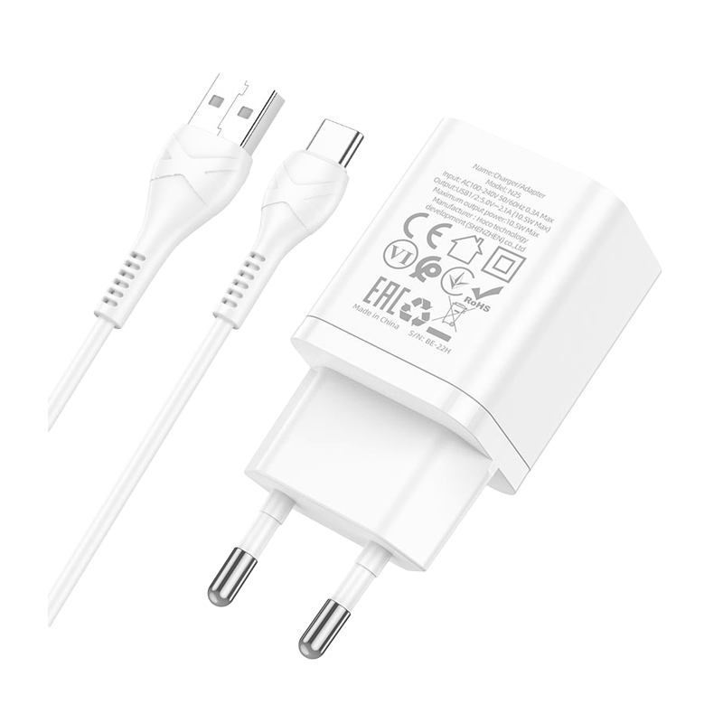 Сетевое З/У HOCO N25 2USB 2.1A с кабелем Type-C белый (1/13/130)