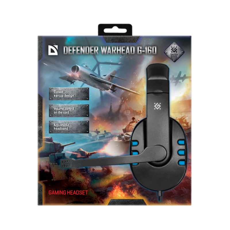 Наушники полноразмерные Defender G-160 Warhead с микр. игровые черный синий (1/20)