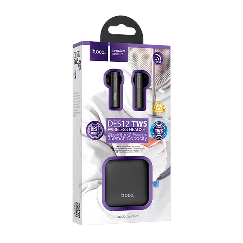 Наушники вставные HOCO DES12 bluetooth 5.0 с микр. черный (1/20/120)