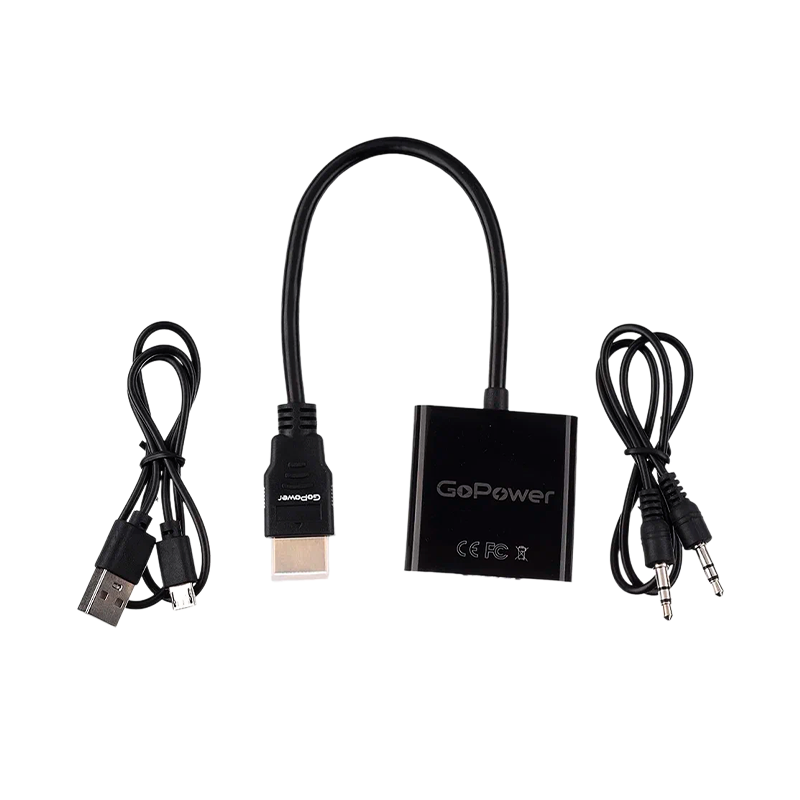 Переходник GoPower HDMI (m)-VGA (f) с питанием со звуком черный Premium Zip-Lock c подвесом (1/200)
