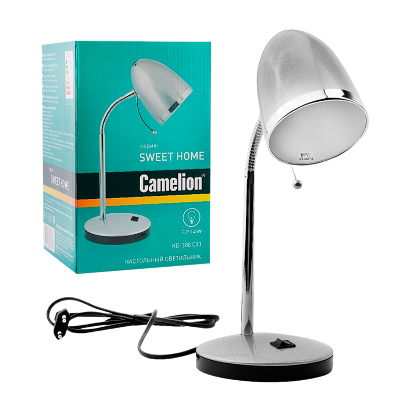 Светильник настольный Camelion KD-308 40W 230V E27 на основании серебряный (1/12)