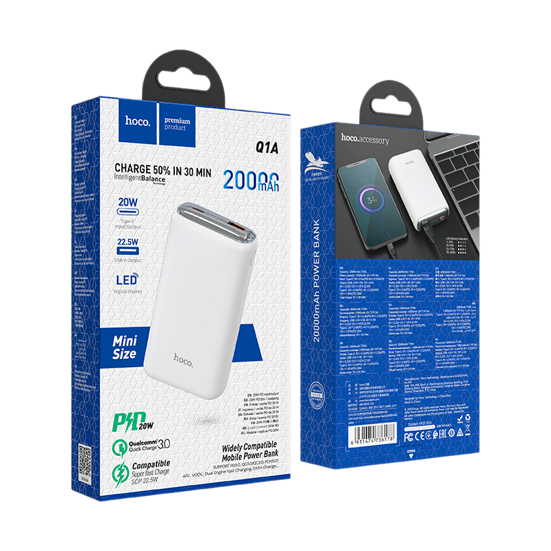 Внешний аккумулятор HOCO Q1A 20000mAh 3.0A 20W 1USB/Type-C PD3.0 белый (1/24)