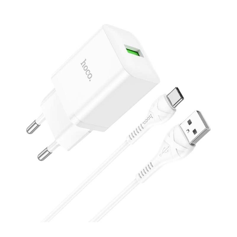 Сетевое З/У HOCO N26 1USB 18W QC3.0 с кабелем Type-C белый (1/13/130)
