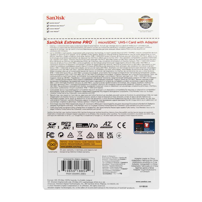 Карта памяти microSD SanDisk Extreme Pro 256GB Class10 A2 UHS-I (U3) 200 МБ/сек CN (Китай) с адаптер