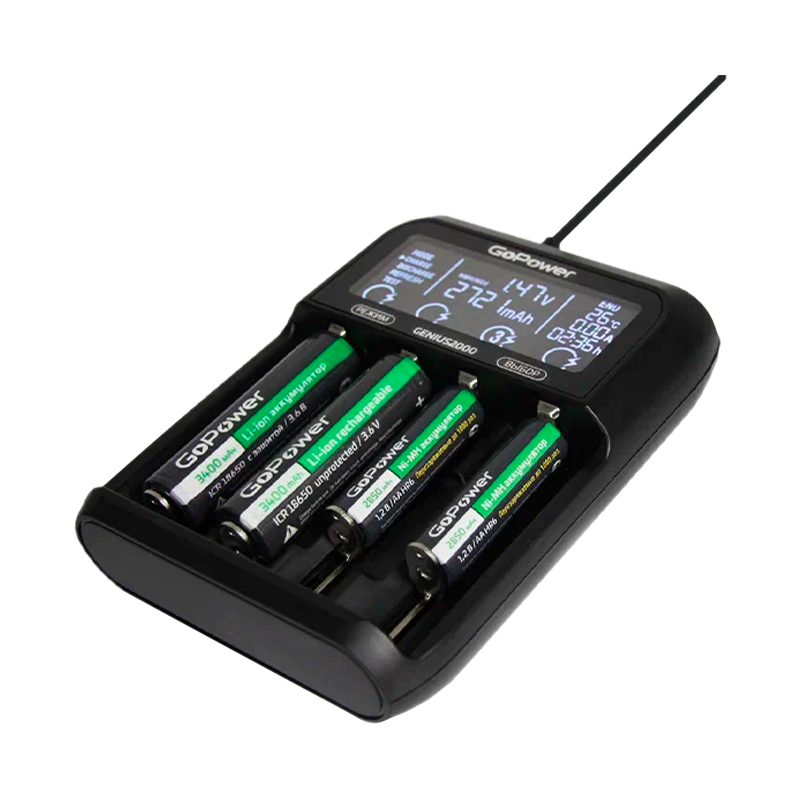 З/У для аккумуляторов GoPower Genius2000 Ni-MH/Ni-Cd/Li-ion/IMR/LiFePO4 4 слота (1/40)