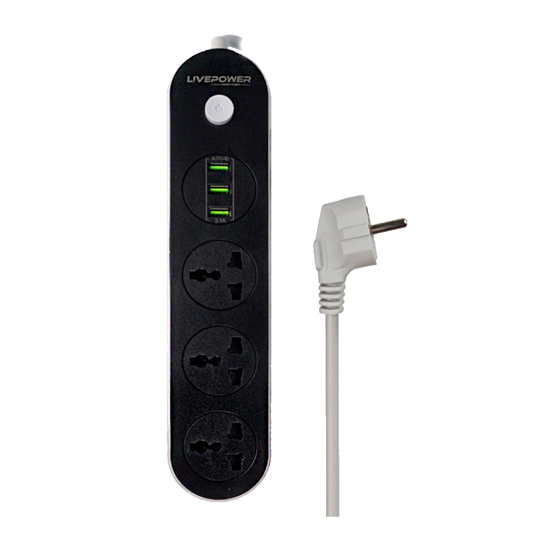 Сетевой фильтр Live Power LP3301 3р.С/З 10A 3USB с выкл. 2.0м универсальный черный (1/50)