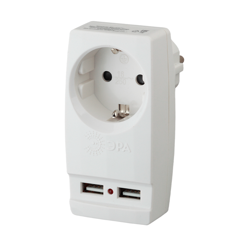 Разветвитель ЭРА SP 1р.С/З 16A 2USB белый (1/10/60)