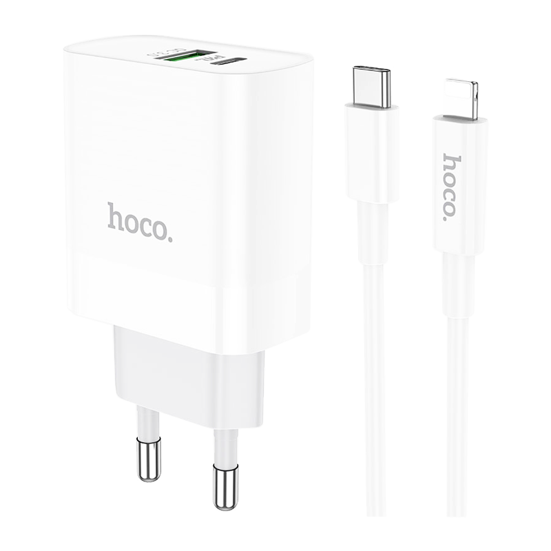 Сетевое З/У HOCO C80A 1USB/Type-C 3.1A 20W QC3.0 с кабелем Type-C-Lightning белый (1/12/120)