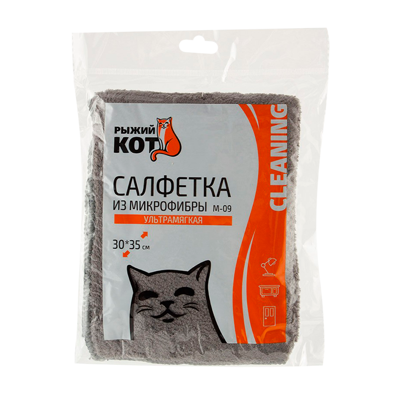 Салфетка Рыжий кот M-09 30х35см микрофибра ультрамягкая серый (1/20/100)