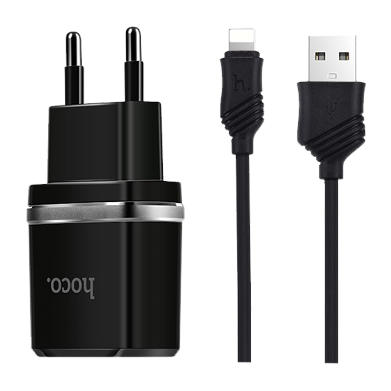 Сетевое З/У HOCO C12 2USB 2.4A с кабелем Lightning черный (1/10/100)