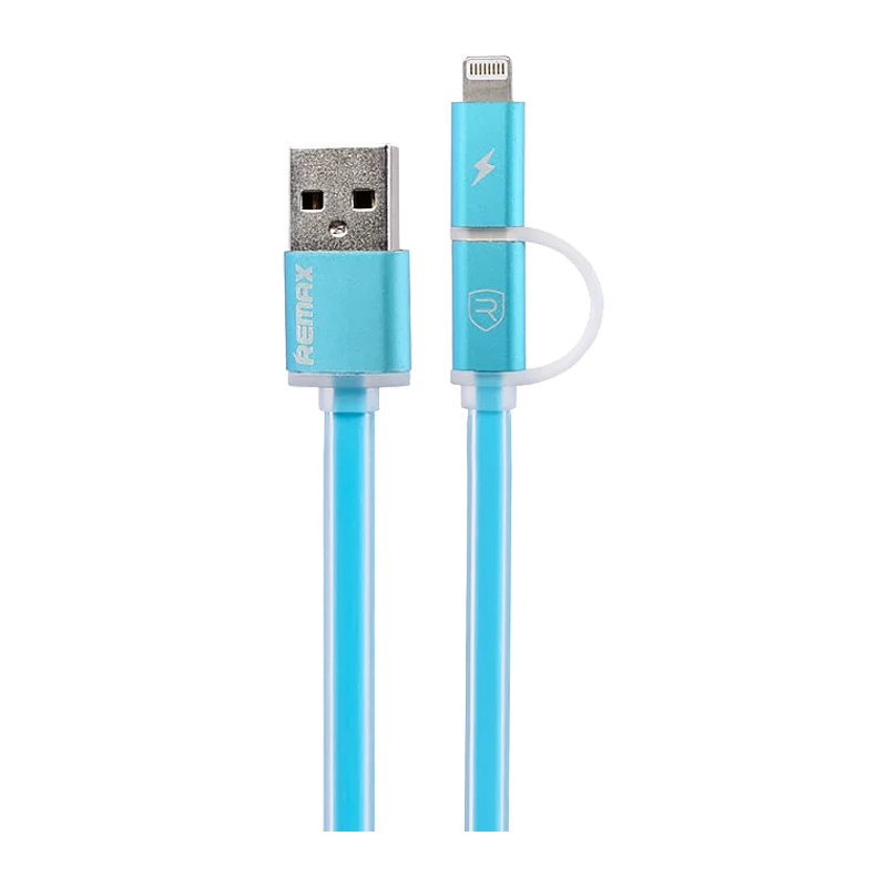 USB Кабель REMAX Aurora 2in1 (Micro-Iphone 5/6/7/SE) (1M, 2.1A) RC-020t Голубой