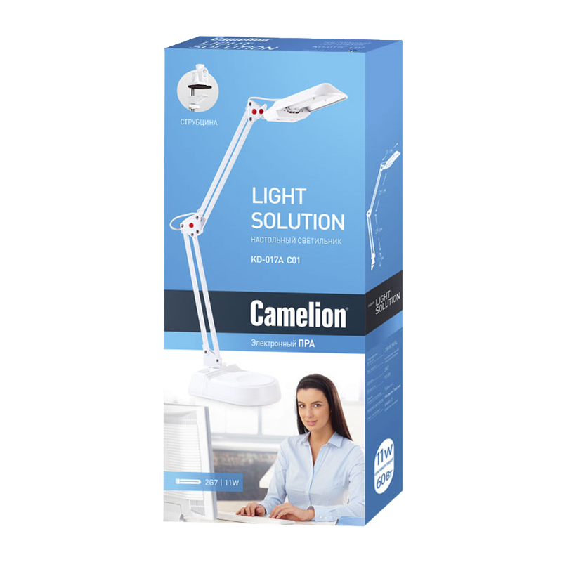Светильник настольный Camelion KD-017C 11W 230V 2G7 струбцина +лампа белый (1/6)